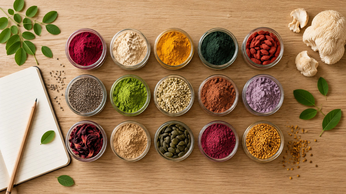 Grid of bowls filled with colourful superfood powders, seeds and dried berries