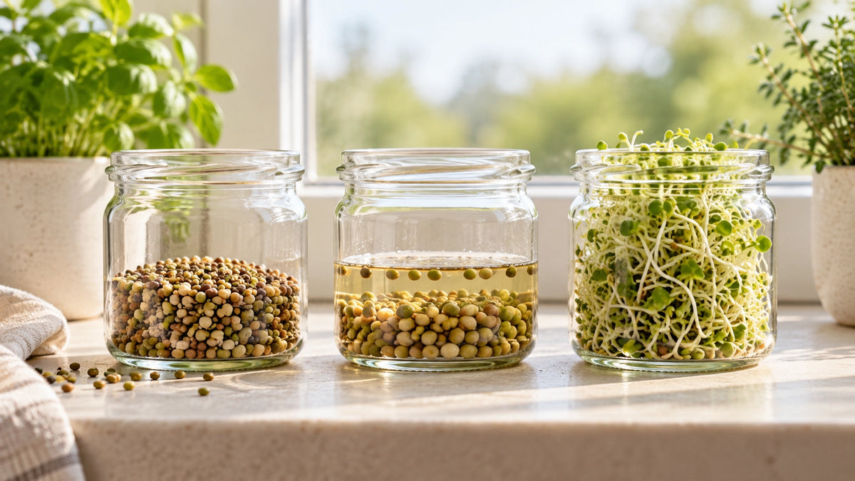 Three glass jars of seeds at different sprouting stages on a windowsill