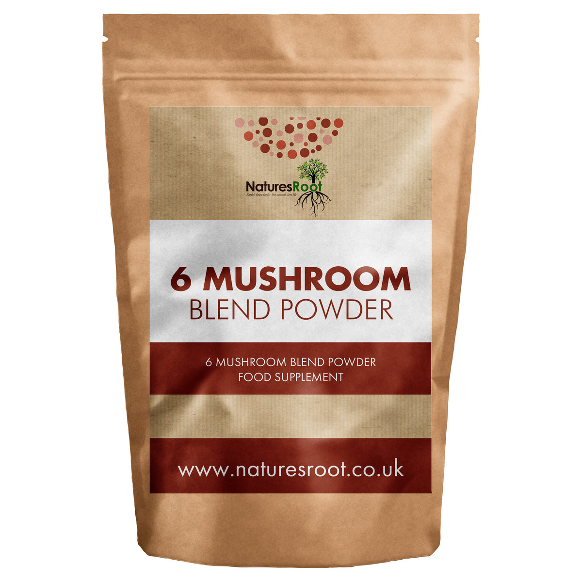 Organic 6 Mushroom Blend Powder by Nature's Root - front of pouch