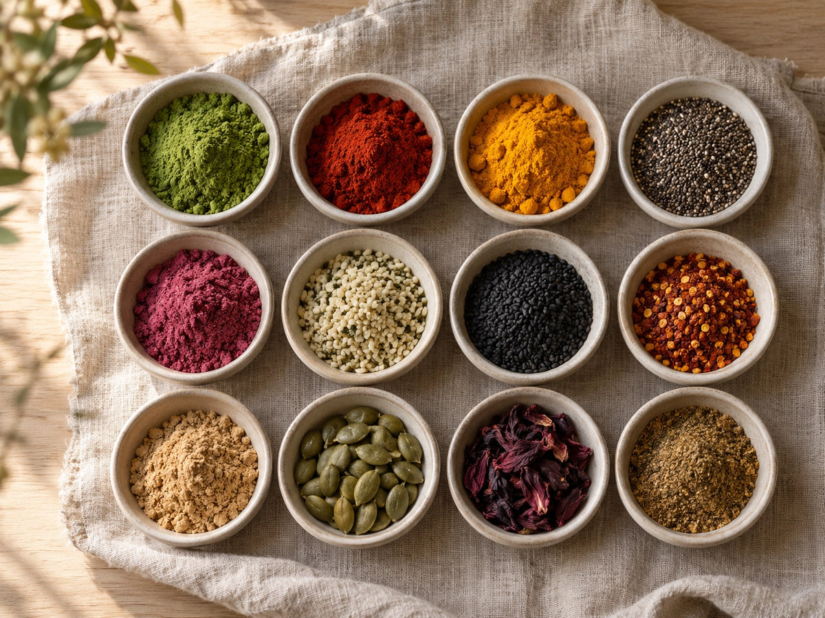 Twelve bowls of colourful superfood powders, seeds and dried herbs on linen