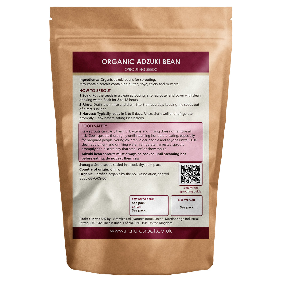 Organic Red Adzuki Beans for Sprouting - back of pack