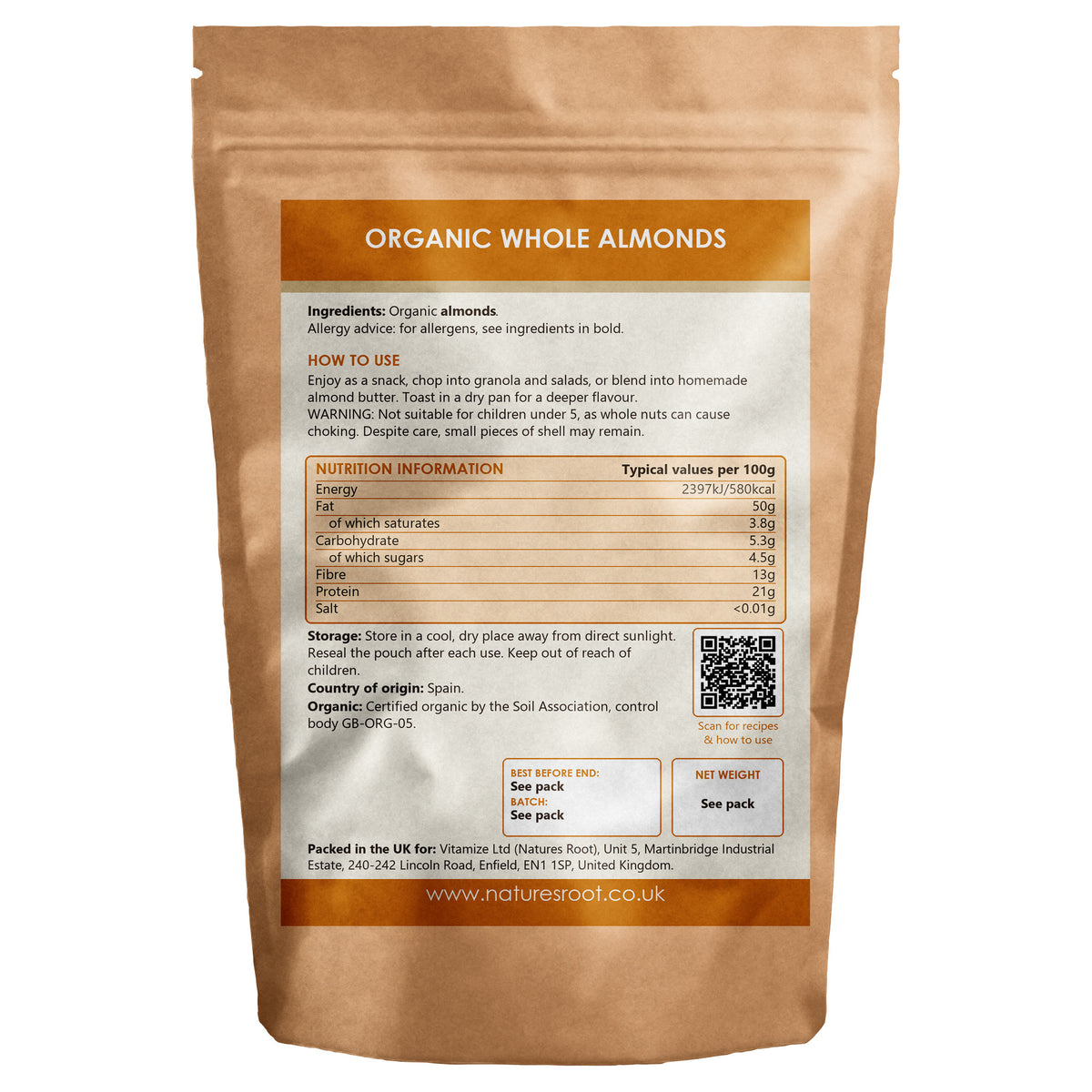 Organic Raw Almonds by Nature's Root - back of pouch