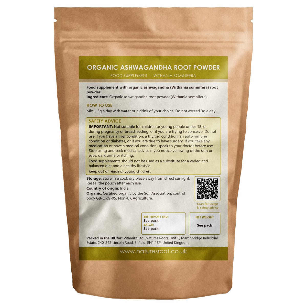 Organic Ashwagandha Powder by Nature's Root - back of pouch