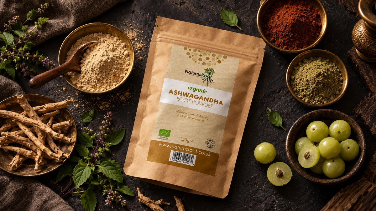 Nature's Root organic ashwagandha powder pouch with amla berries, roots and herbal powders