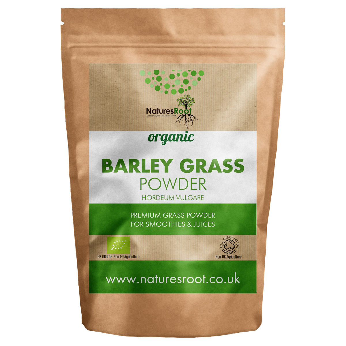 Organic Barley Grass Powder by Nature's Root - front of pouch