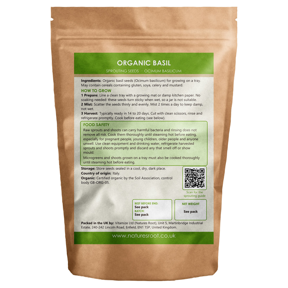 Organic Basil Sprouting Seeds - back of pack