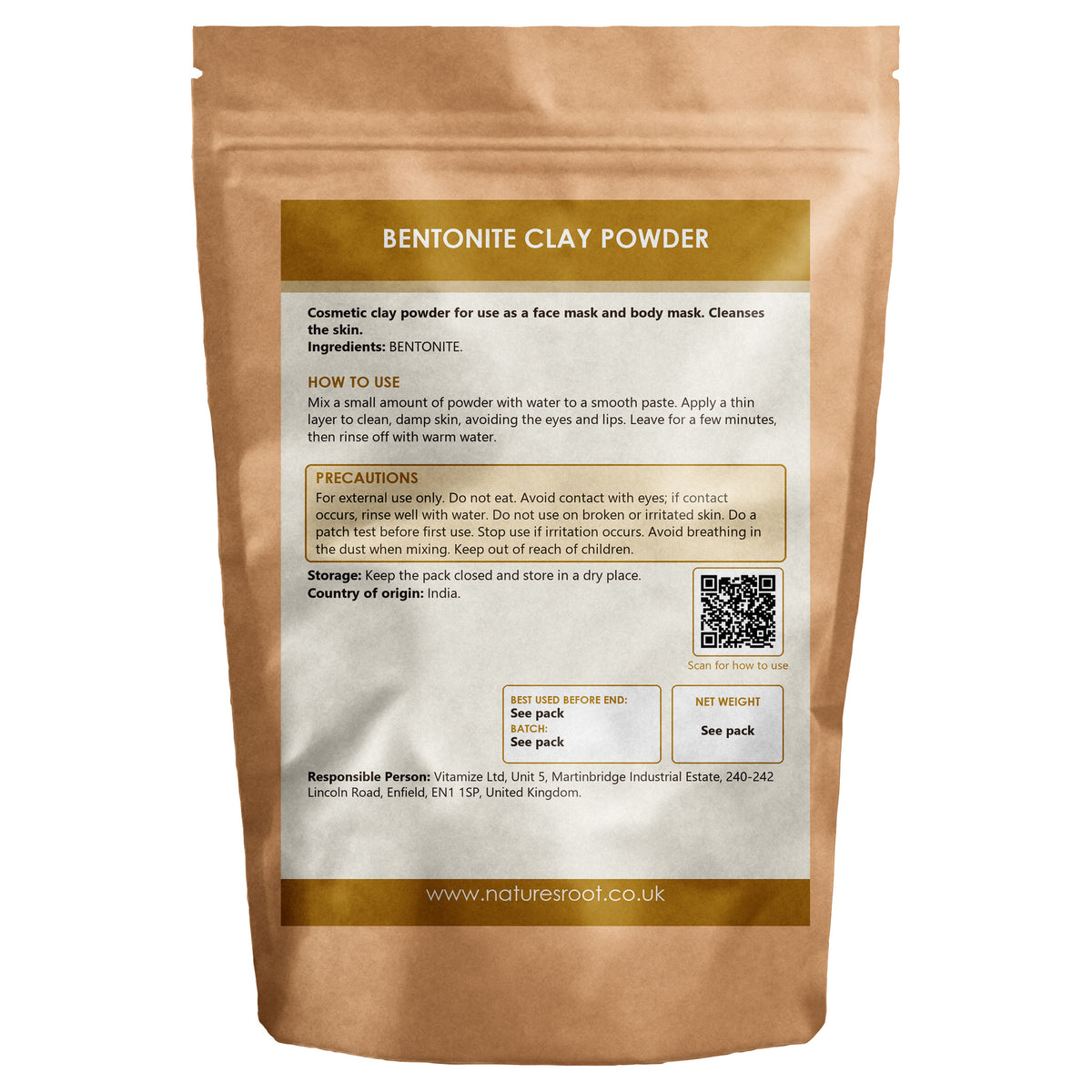Premium Bentonite Clay Powder by Nature's Root - back of pouch