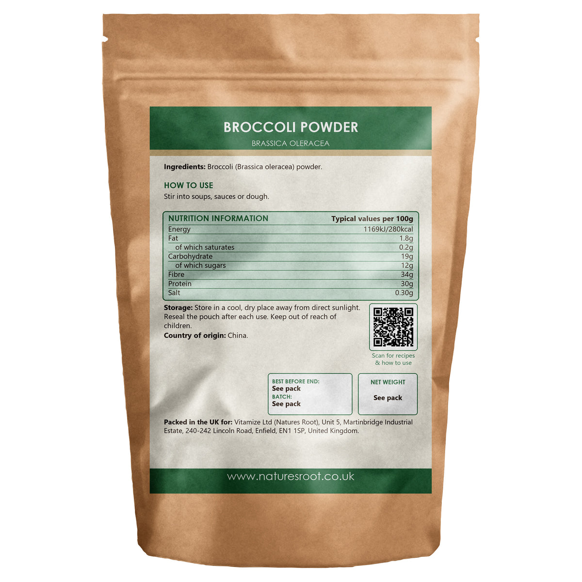 Organic Broccoli Powder by Nature's Root - back of pouch