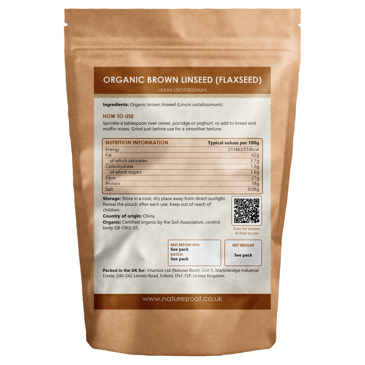 Organic Brown Flaxseeds (Linseeds) by Nature's Root - back of pouch