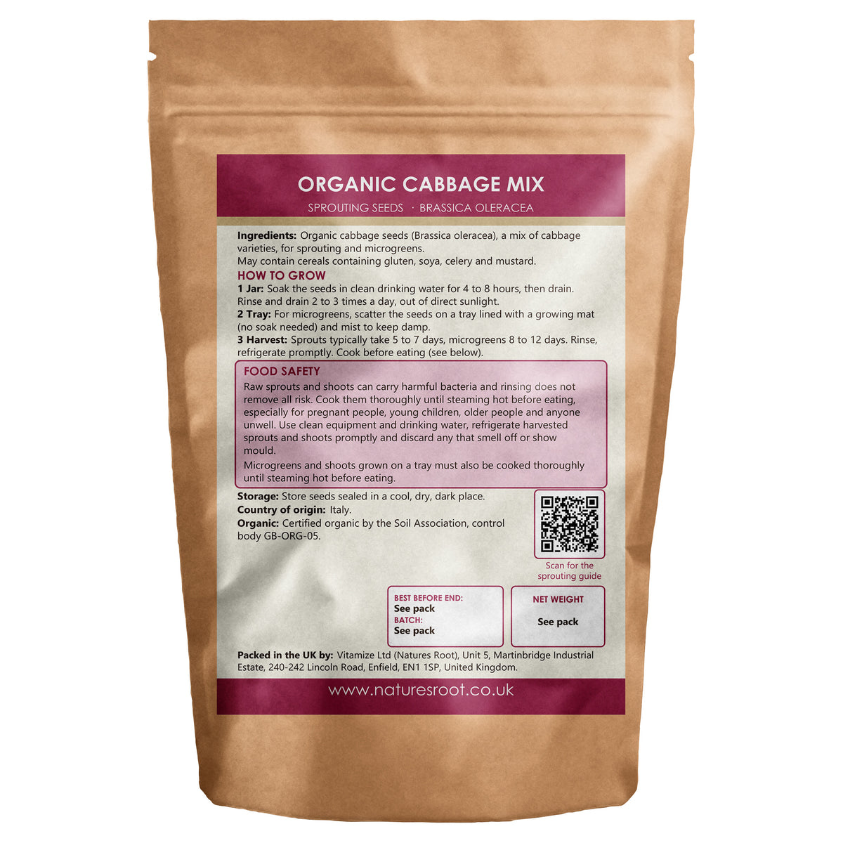 Organic Cabbage 'Mix' Sprouting Seeds - back of pack