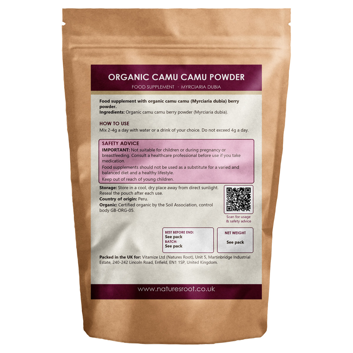 Organic Camu Camu Powder by Nature's Root - back of pouch