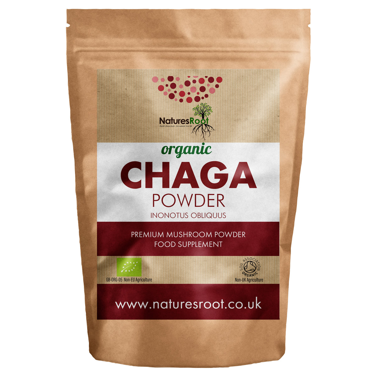 Organic Chaga Mushroom Powder by Nature's Root - front of pouch