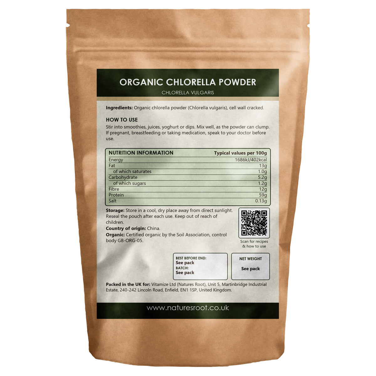 Organic Chlorella Powder by Nature's Root - back of pouch