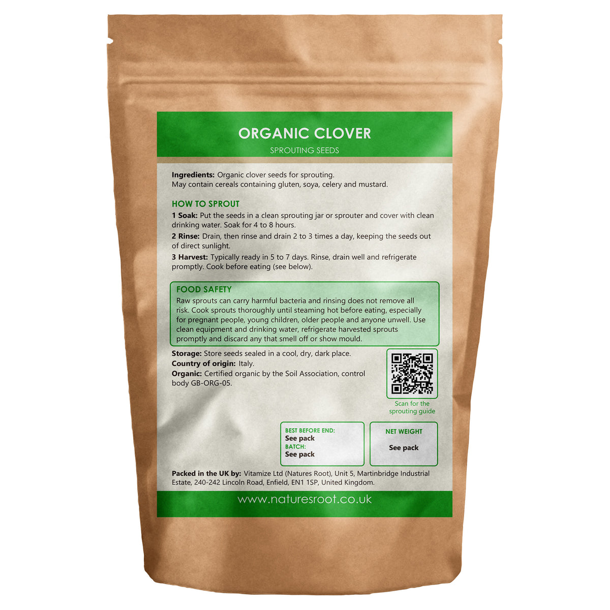 Organic Italian Clover Sprouting Seeds - back of pack