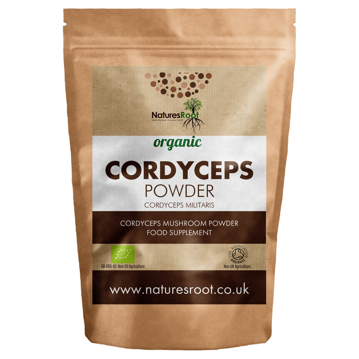 Organic Cordyceps Mushroom Powder by Nature's Root - front of pouch