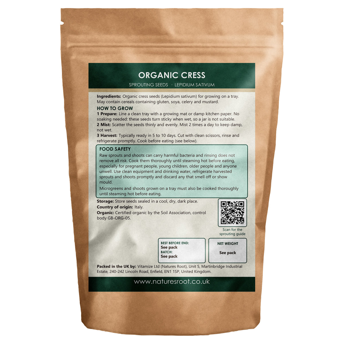 Organic Cress Sprouting Seeds - back of pack