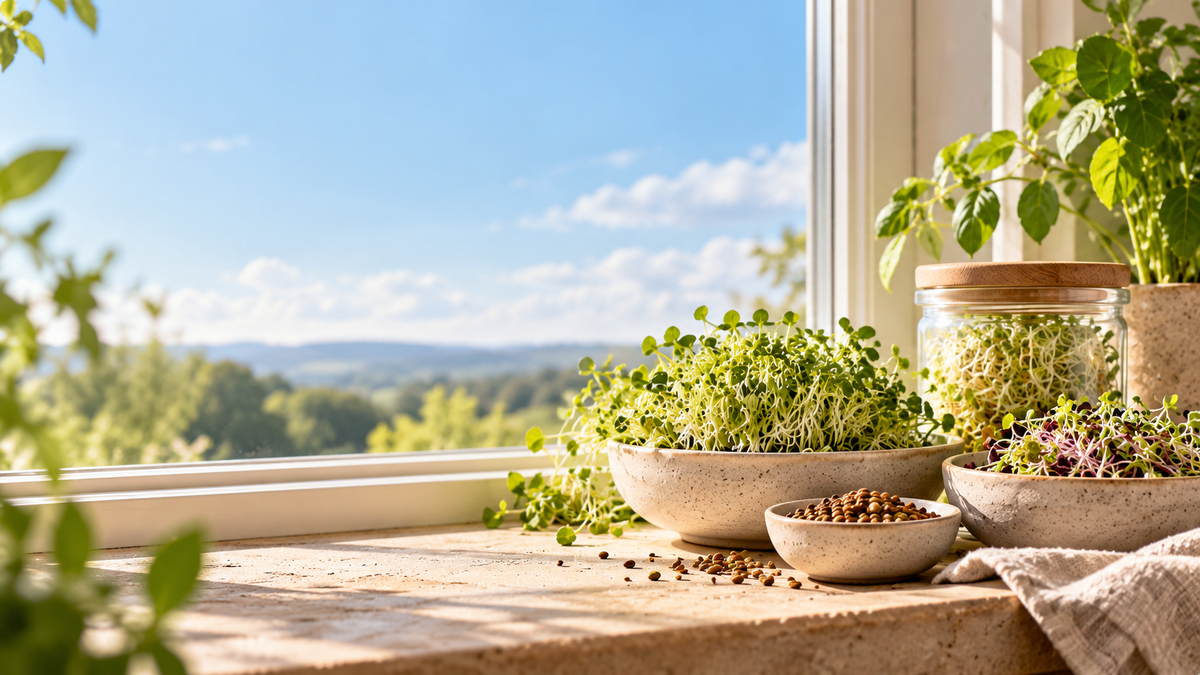 Bowls of sprouts and microgreens on a sunny windowsill overlooking the countryside