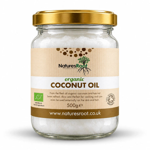Jar of Natures Root organic coconut oil, 500g