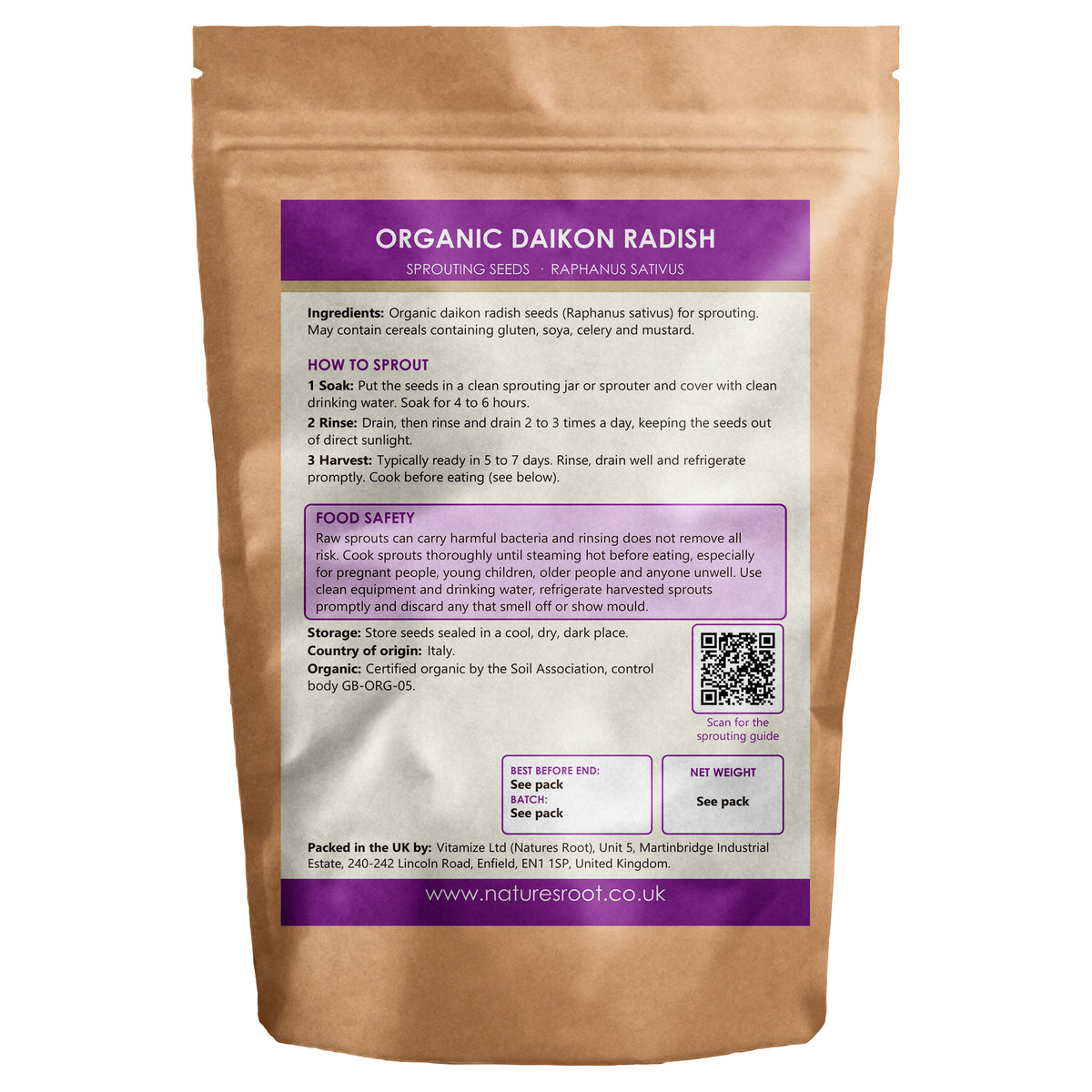 Organic Radish (Daikon) Sprouting Seeds - back of pack