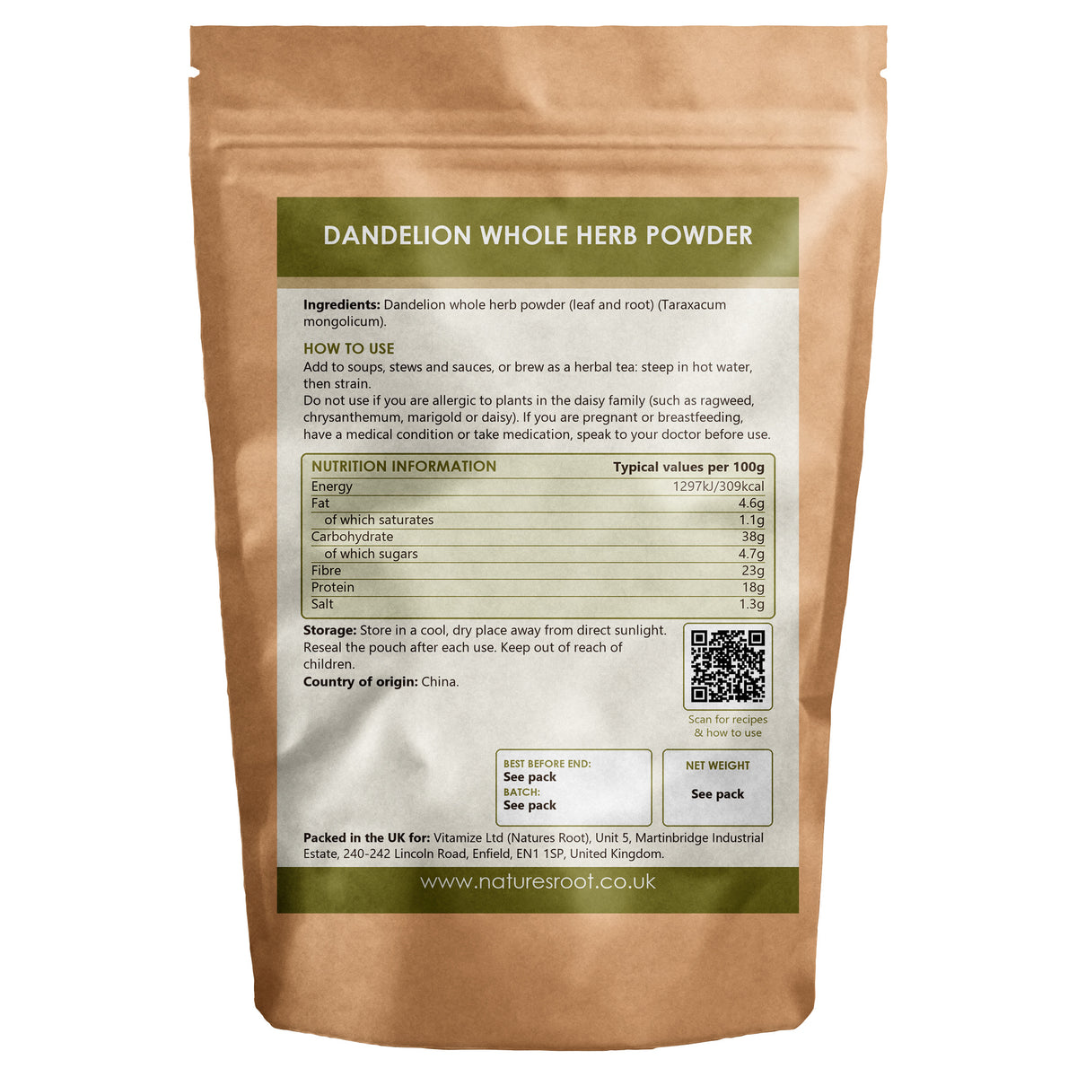 Premium Dandelion Leaf Powder by Nature's Root - back of pouch