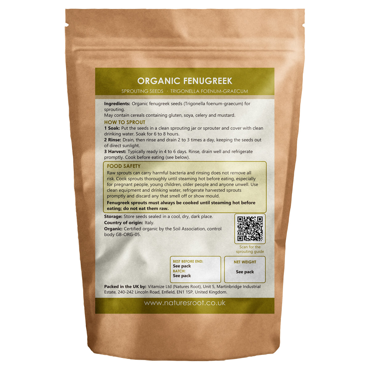 Organic Fenugreek Sprouting Seeds - back of pack