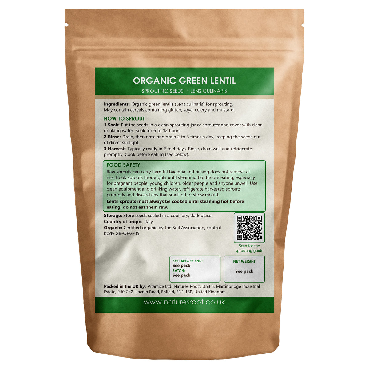 Organic Green Lentil Sprouting Seeds - back of pack