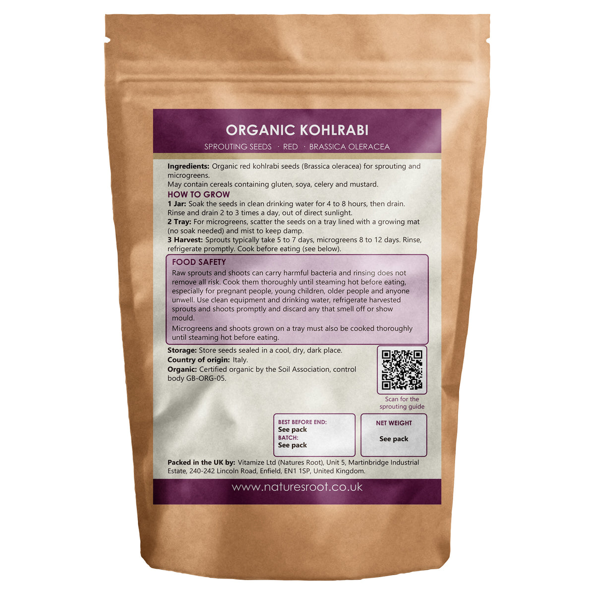 Organic Kohlrabi Sprouting Seeds - back of pack