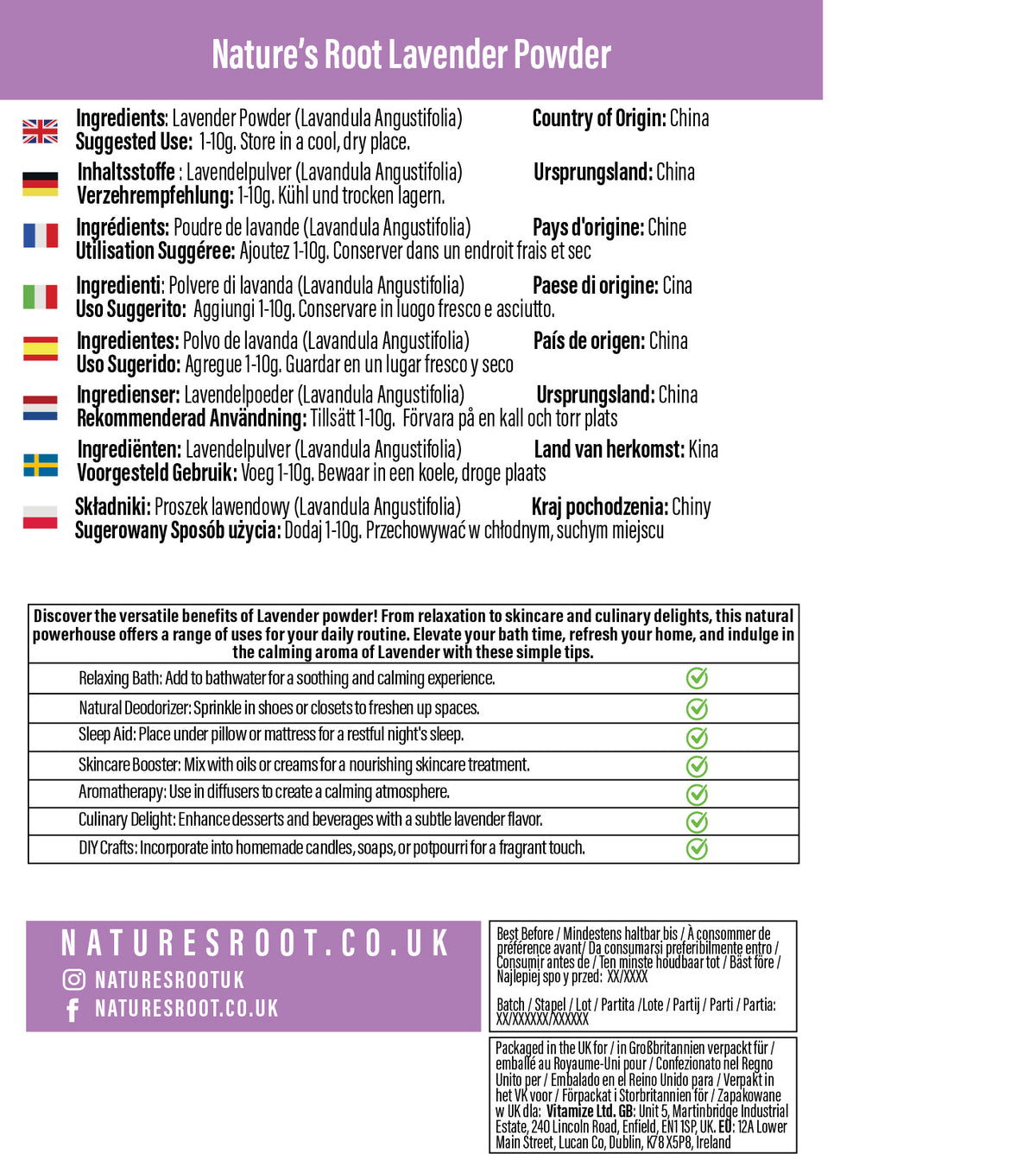Lavender Powder (Lavandula Angustifolia) by Nature's Root – 250g