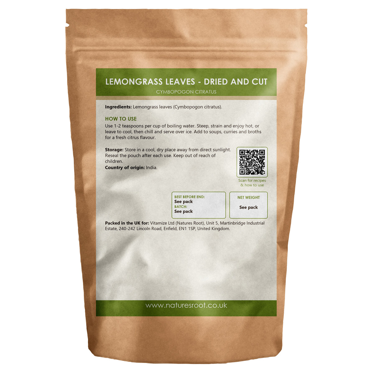 Premium Lemongrass Leaves by Nature's Root - back of pouch