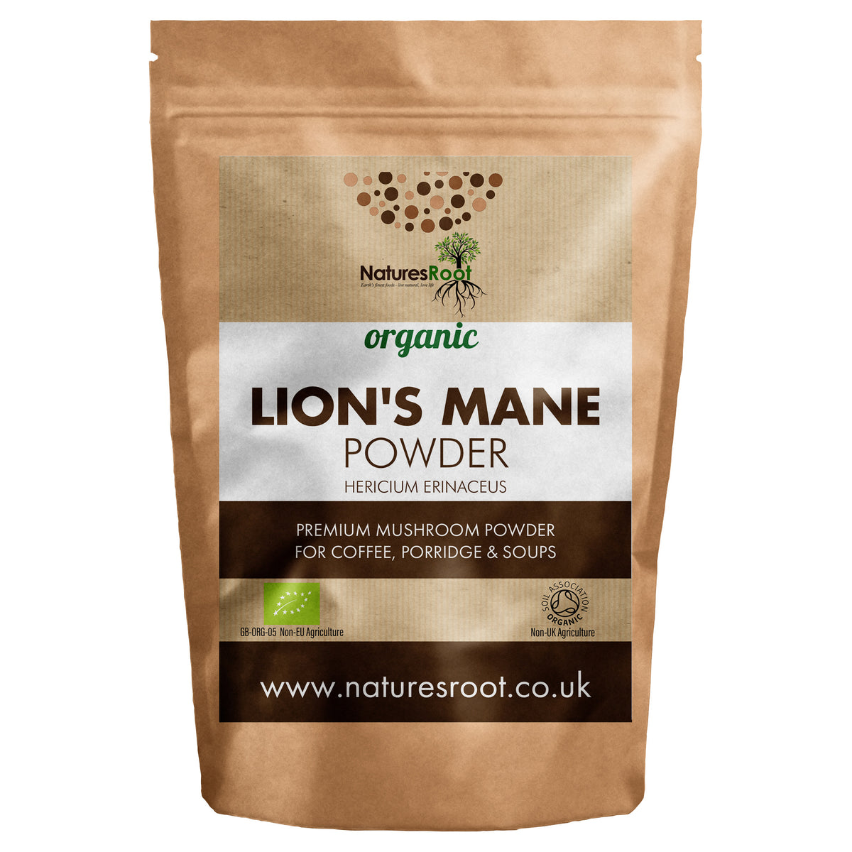 Organic Lion's Mane Mushroom Powder by Nature's Root - front of pouch