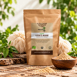 Natures Root organic lion's mane mushroom powder pouch with a bowl of powder and whole lion's mane mushrooms