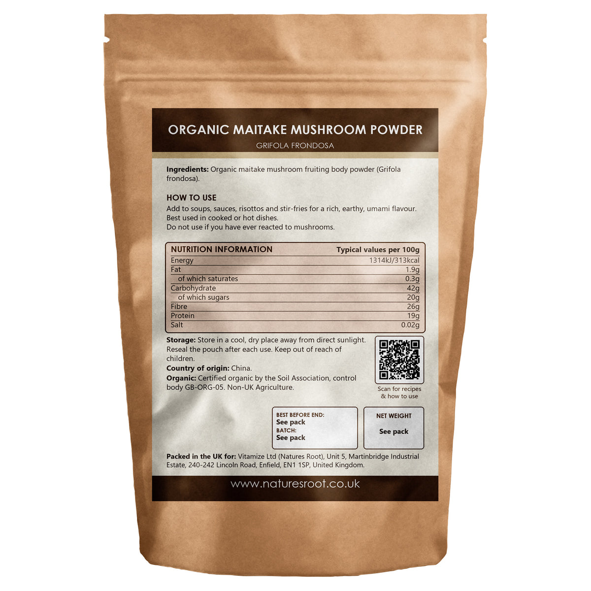 Organic Maitake Mushroom Powder by Nature's Root - back of pouch