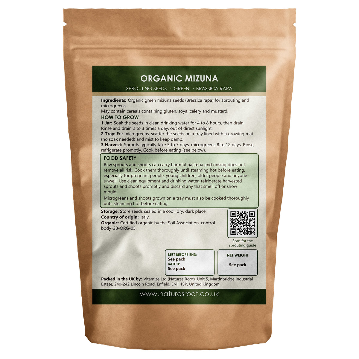 Organic Mizuna Green Sprouting Seeds - back of pack