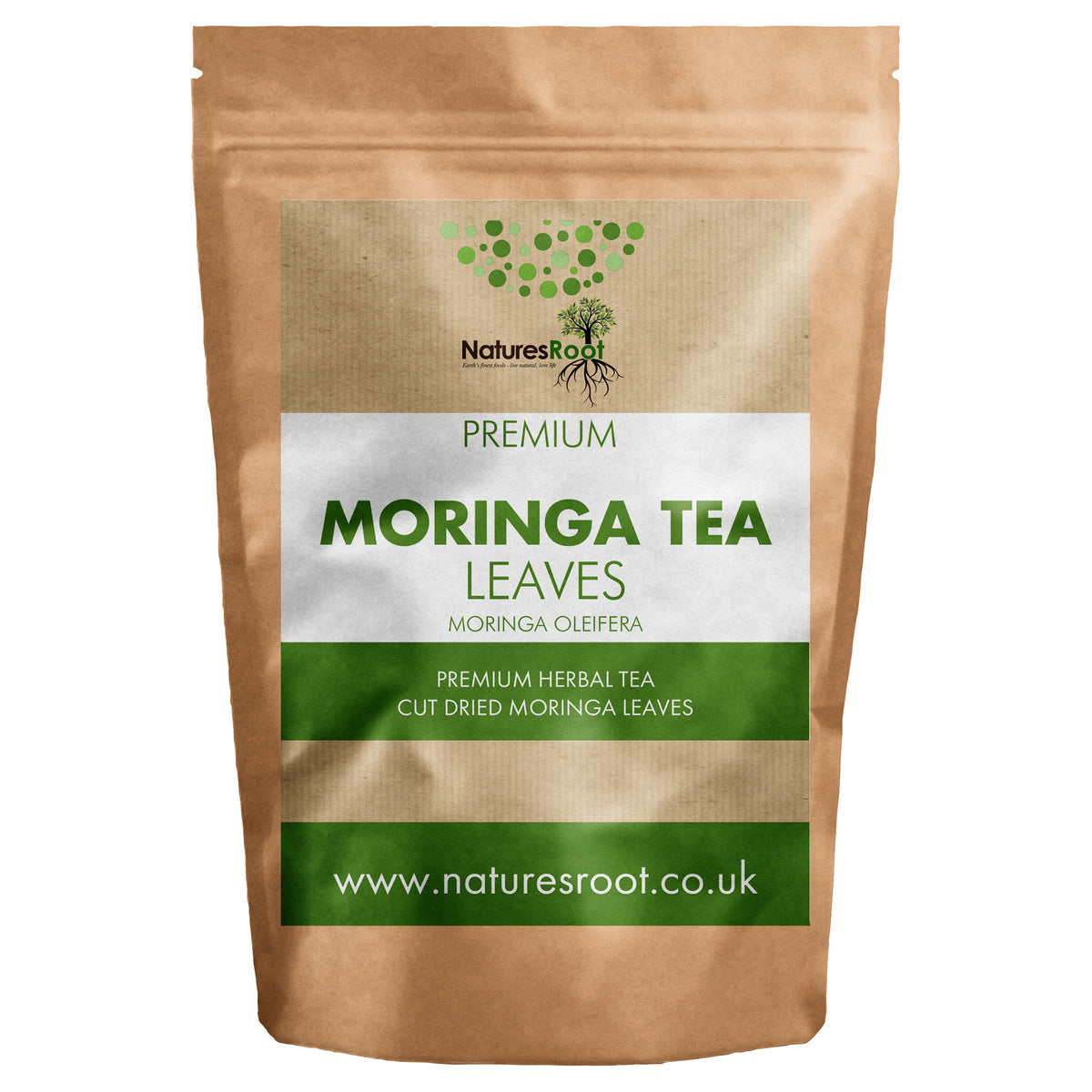 Premium Moringa T-Cut Leaves by Nature's Root - front of pouch