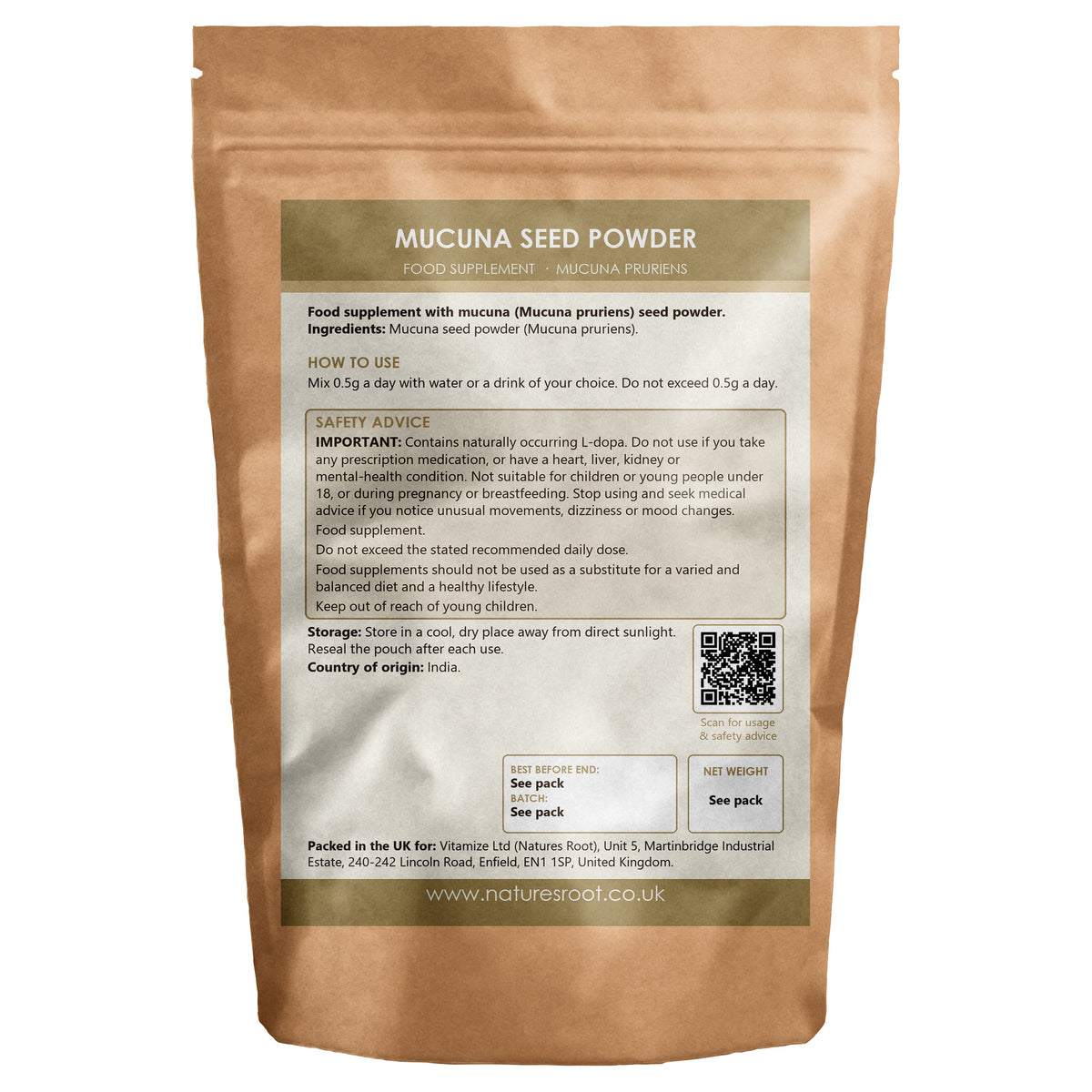 Organic Mucuna Powder by Nature's Root - back of pouch
