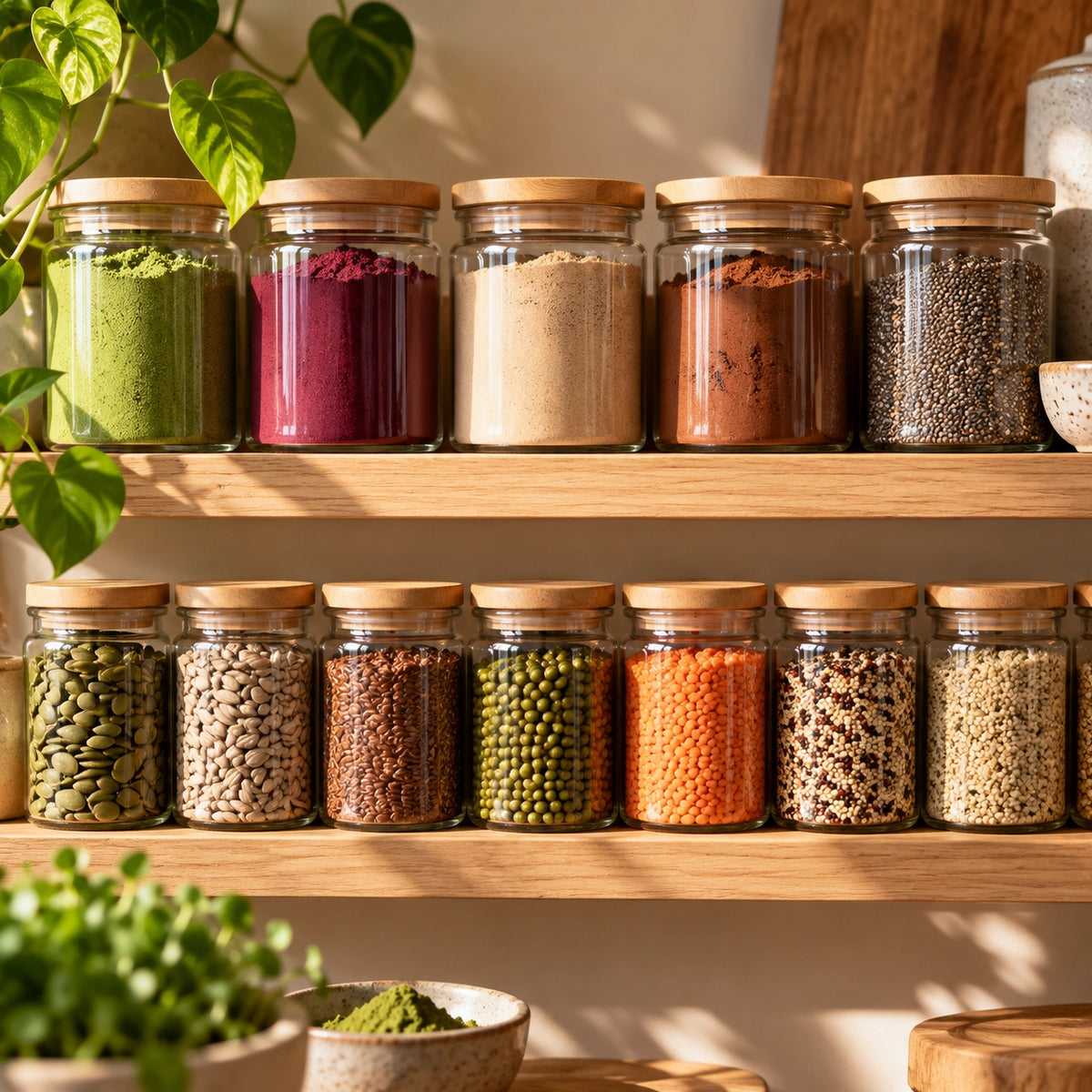 Shelves of glass jars filled with colourful superfood powders, seeds and grains