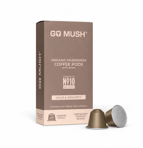 Box of GoMush® Reishi Mushroom Coffee Pods with two coffee pods, on a white background