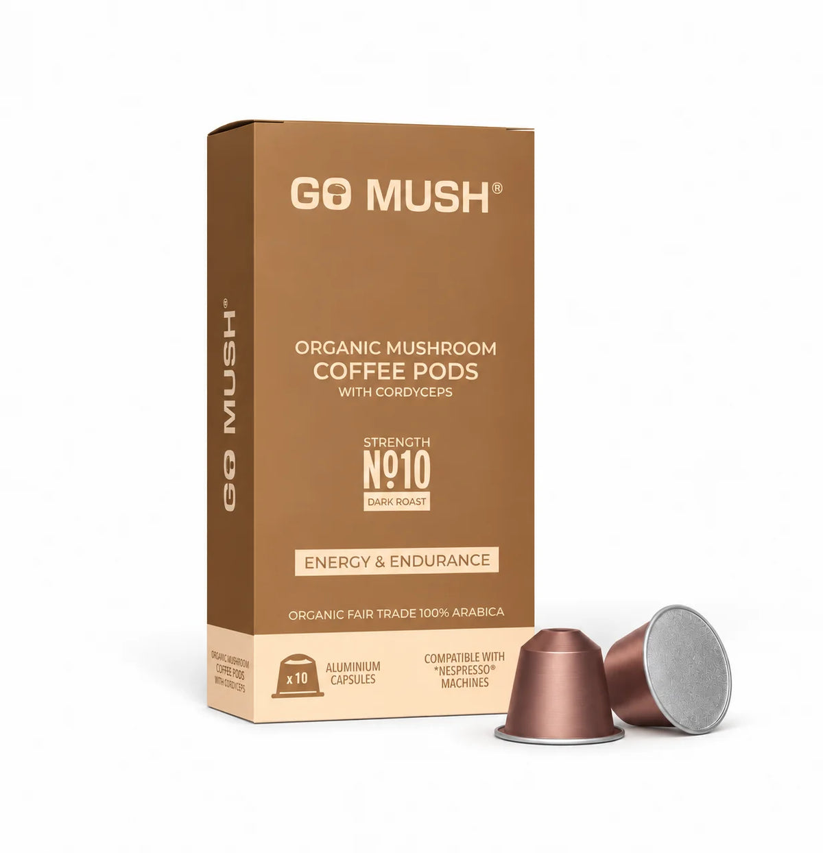 Schachtel GoMush® Cordyceps-Pilzkaffee-Kapseln mit zwei Kaffeekapseln auf weißem Hintergrund