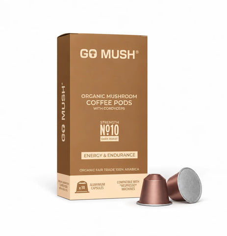 Box of GoMush® Cordyceps Mushroom Coffee Pods with two coffee pods, on a white background
