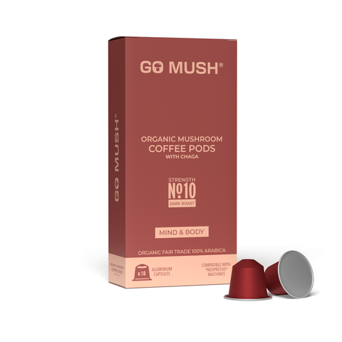 Box of GoMush® Chaga mushroom coffee pods with pods