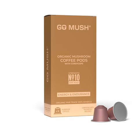 Box of GoMush® Cordyceps mushroom coffee pods with pods