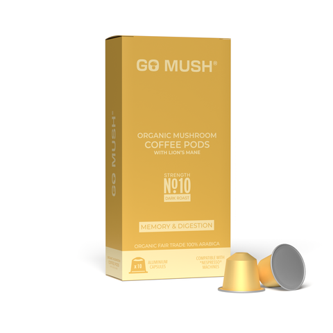 Box of GoMush® Lion's Mane mushroom coffee pods with pods