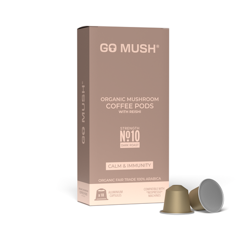 Box of GoMush® Reishi mushroom coffee pods with pods