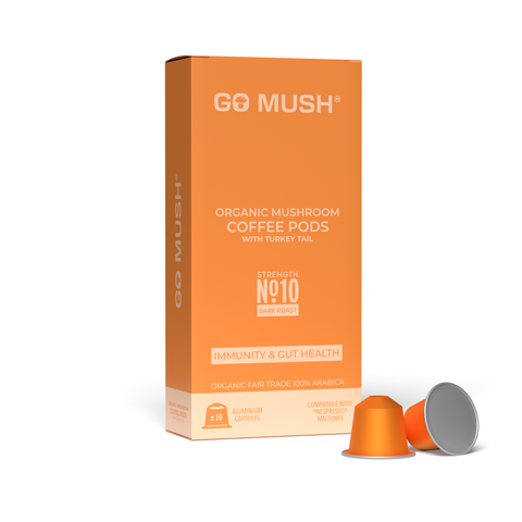 Box of GoMush® Turkey Tail mushroom coffee pods with pods