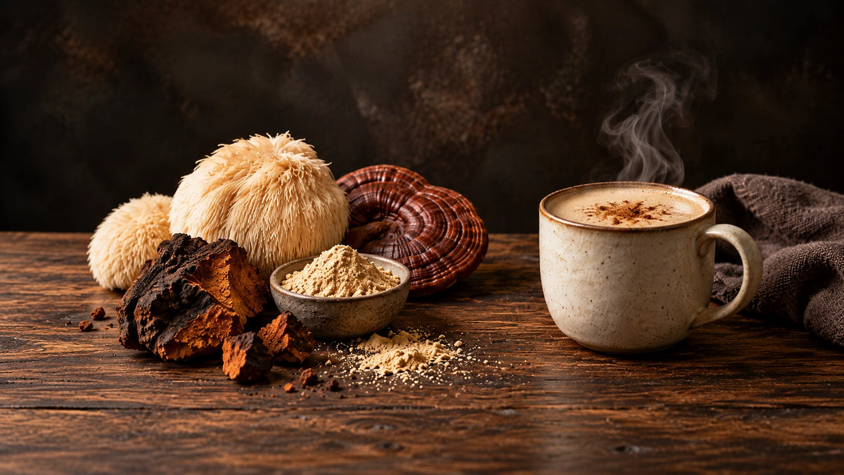 Lion's mane, reishi and chaga mushrooms with powder and a steaming mushroom latte
