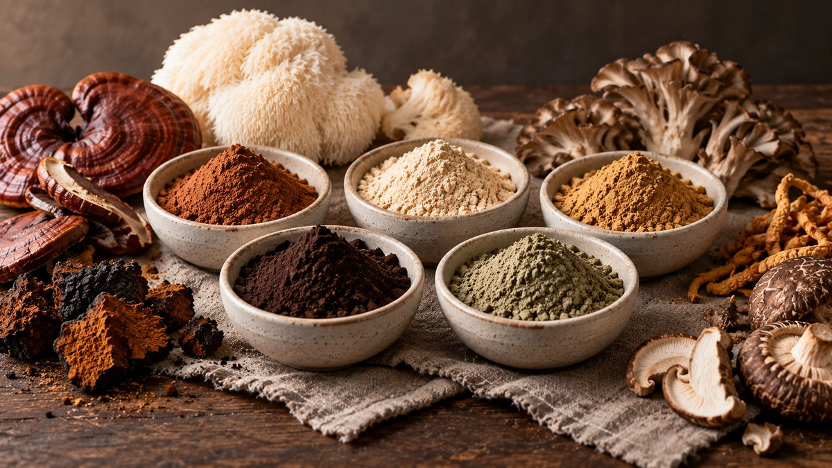 Reishi, lion's mane, chaga and oyster mushrooms with bowls of mushroom powders