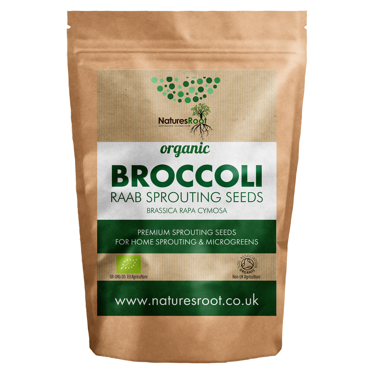 Natures Root Organic Broccoli Raab sprouting seeds, 250g pouch, front.