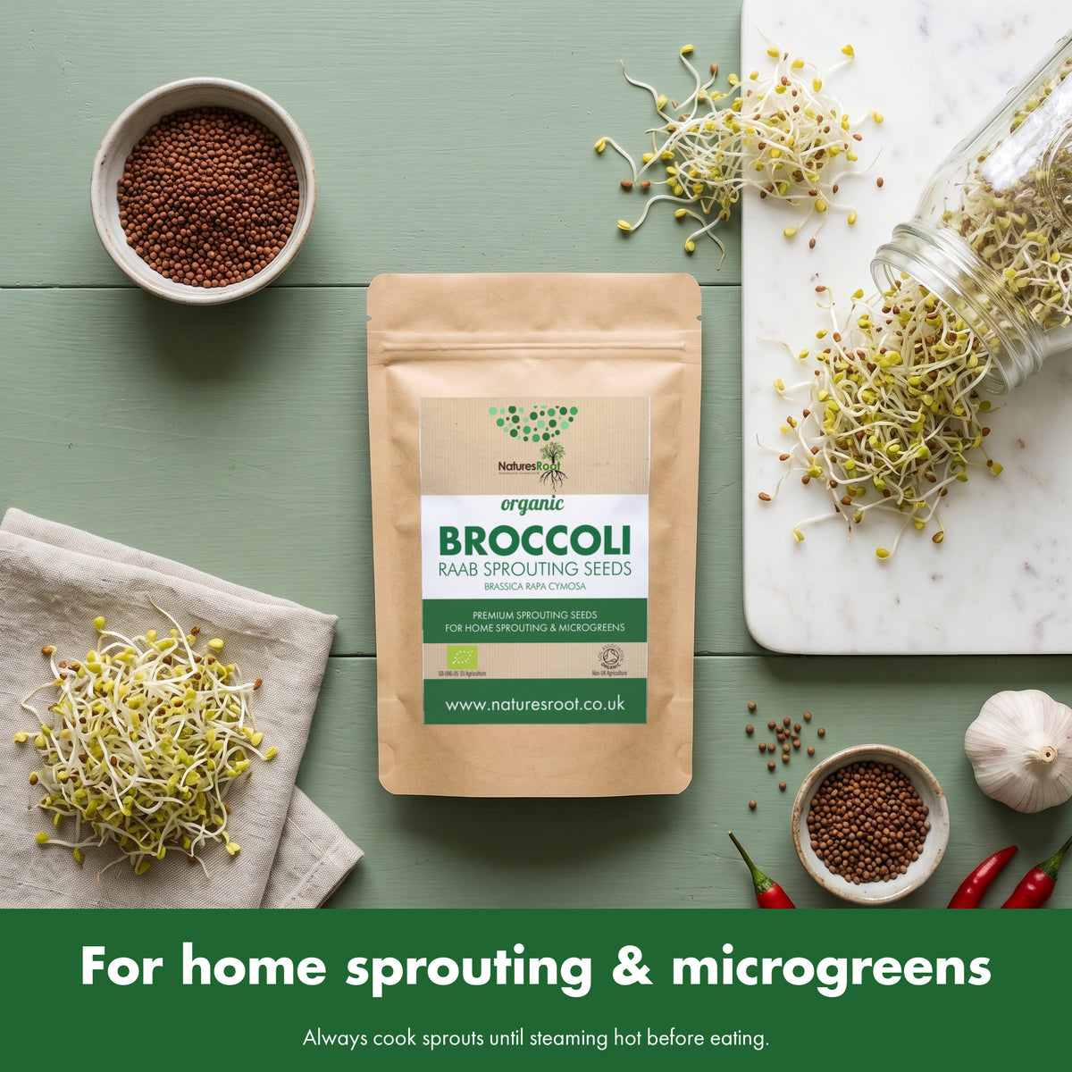 Overhead view of an organic broccoli raab seed pouch with bowls of seeds and freshly grown raab sprouts in and beside a glass jar. Always cook sprouts until steaming hot before eating.