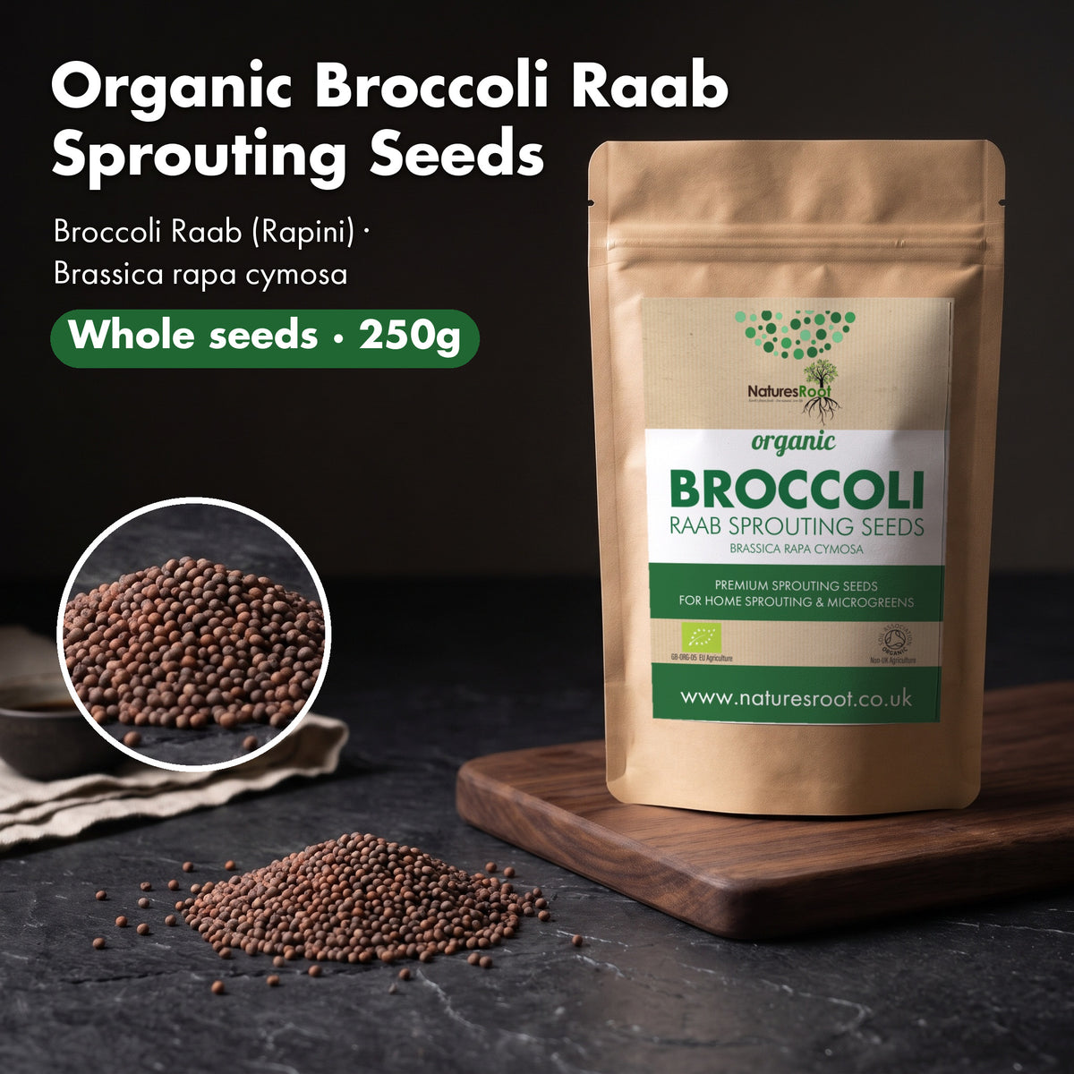 Pouch of organic broccoli raab sprouting seeds with a small heap of the seeds and a close-up of the seeds.