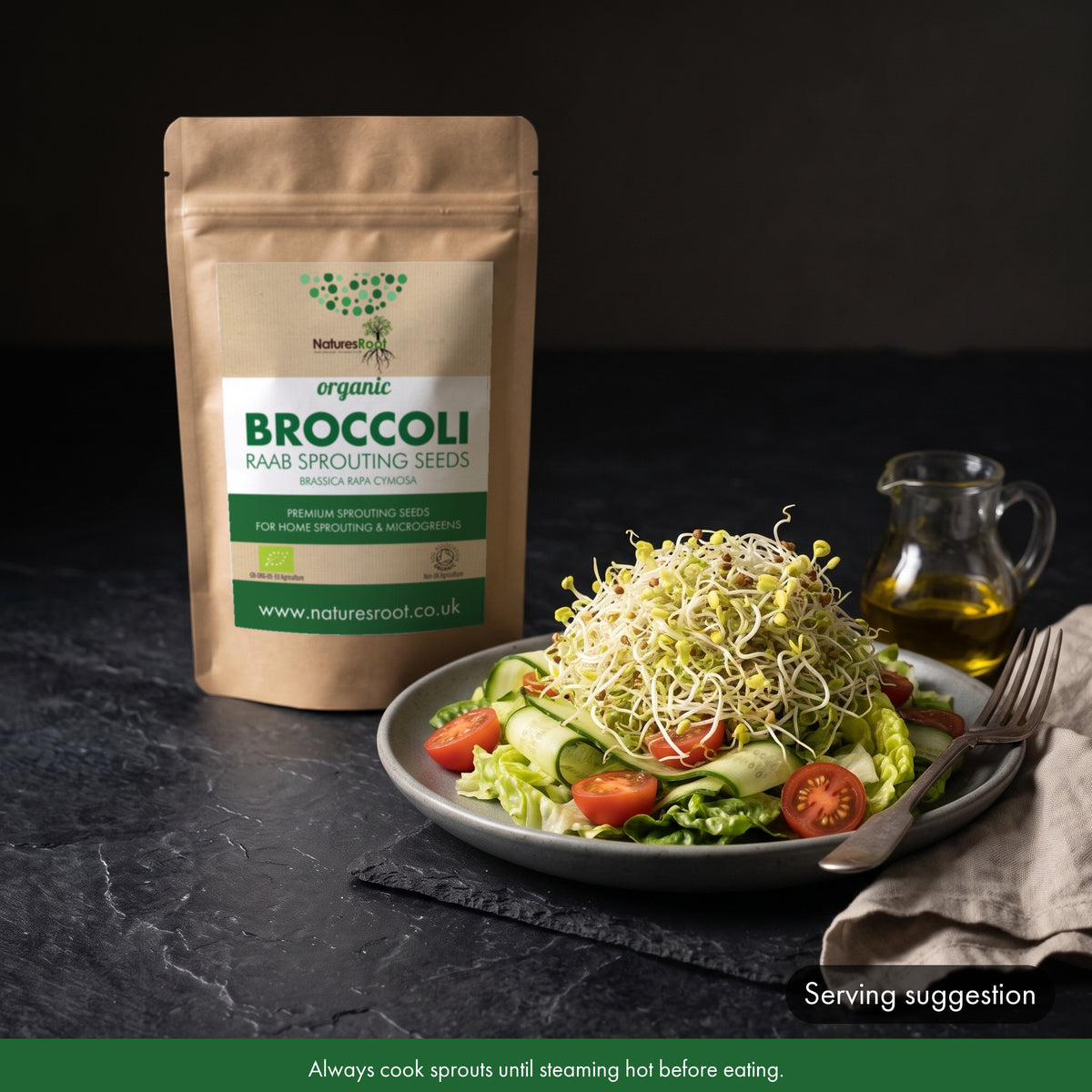 Side salad topped with fresh broccoli raab sprouts, raab seed pouch behind. Serving suggestion. Always cook sprouts until steaming hot before eating.
